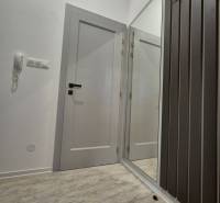 Az egyszobás lakás belső része fogassal és fehér ajtókkal, fa dekorációjú padlón.