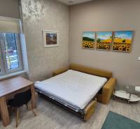 Szoba kinyitható kanapéval, asztallal és székkel, fa dekorációjú padlóval.