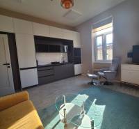 Világos nappali egy egyszobás lakásban konyhával és fa dekorációjú padlóval.