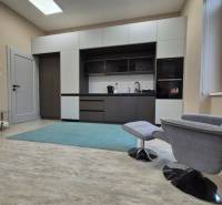 Konyha egy egyszobás lakásban, fa dekor padlóval és kényelmes fotellel.