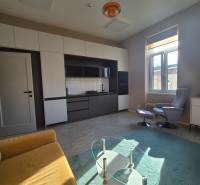 Nappali egy egyszobás lakásban, fa dekorációjú padlóval, kanapéval és üvegasztallal.