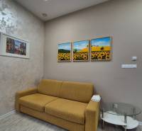 Nappali egy egyszobás lakásban, kanapéval és képekkel, fa dekorációjú padlón.