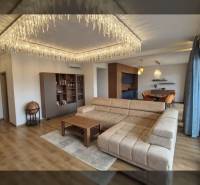 Nappali a nyaraló apartmanban fa dekor padlóval, kanapéval és függőlámpákkal.