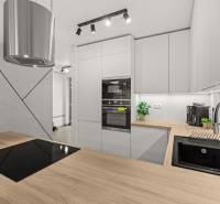 Konyha egy 4 szobás lakásban, fa dekorációjú padlóval és modern konyhai felszereléssel.