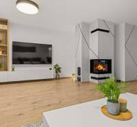 Nappali egy 4 szobás lakásban kandallóval és fa dekorációjú padlóval.