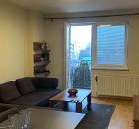 Nappali egy kétszobás lakásban kanapéval, asztallal és fa dekor padlóval.