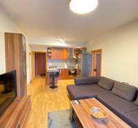 Nappali egy kétszobás lakásban, fa mintás padlóval és kanapéval.