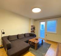 Nappali egy kétszobás lakásban fa dekor padlóval és kényelmes kanapéval.