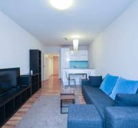 Nappali kanapéval és TV-vel egy kétszobás lakásban, fa dekorációjú padlóval.