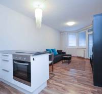 Konyhasarok és nappali egy kétszobás lakásban tűzhellyel és kanapéval.