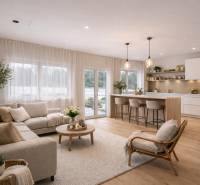 Nappali és konyha családi házban fa dekor padlóval, kényelmes bútorokkal.