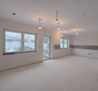 Családi ház belső tere világos padlóval és nagy ablakokkal, bútorok nélkül.