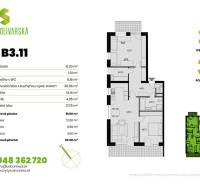 A B3.11-es lakás alaprajza három szobával, terasszal és tárolóhelyiségekkel.