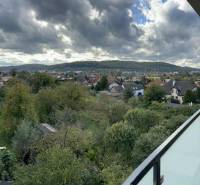 Kilátás az erkélyről a zöldövezetre és házakra Eperjesen, a Solivarská 14-en.