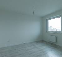 Üres szoba egy kétszobás lakásban, fa mintázatú padlóval és nagy ablakkal.