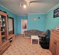 Egy háromszobás lakás szobája türkiz falakkal, barna bútorokkal és mintás szőnyeggel.