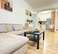 Nappali kanapéval, fa dekorációjú padlóval és konyhával egy kétszobás lakásban.