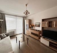 Nappali egy kétszobás lakásban, fa dekoros padlóval, elegáns bútorokkal és televízióval.