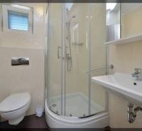 Fürdőszoba egy kétszobás lakásban WC-vel, zuhanyzóval és mosdóval.