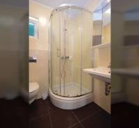 Fürdőszoba zuhanyzóval egy kétszobás lakásban.