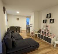 Nappali egy kétszobás lakásban fa mintázatú padlóval és gyereksarokkal.