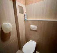 Iroda csempézett mosdója tisztítószerrel és WC-papír adagolóval.