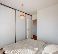 Hálószoba egy kétszobás lakásban tolóajtós szekrénnyel és padlón lévő ággyal fa dekorációval.