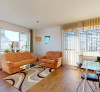 Nappali egy kétszobás lakásban, fa mintázatú padlóval és kényelmes kanapéval.