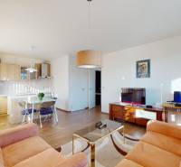 Nappali konyhasarokkal, kanapékkal és fa dekorációjú padlóval egy kétszobás lakásban.