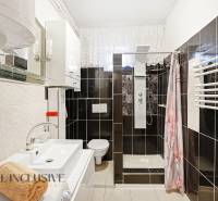 Fürdőszoba zuhanyzóval, mosdóval és tükörrel egy családi házban.