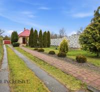 Családi házhoz vezető út és kert fenyőfákkal körülvéve Fekete Brodban.