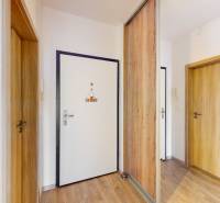 3 szobás lakás előszobája fa mintázatú padlóval és beépített szekrénnyel.