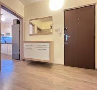 A kétszobás lakás folyosója fa dekorációjú padlóval és kilátással a konyhára.