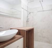 Fürdőszoba egy családi házban, fa dekorációjú mosdókagylóval és zuhanyzóval.