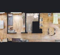 3 szobás lakás alaprajza fa dekor padlóval, konyhával és nappalival.