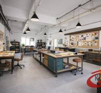 Tágas iroda íróasztalokkal, faliújságokkal és növényekkel a világos padlón.