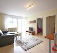 A háromszobás lakás nappalija kanapéval, asztallal és televízióval, fa dekorációjú padlón.