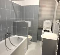 Fürdőszoba káddal, mosdóval és mosógéppel egy egyszobás lakásban.