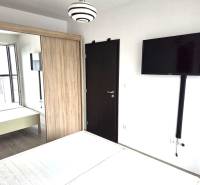 Hálószoba televízióval, ruhásszekrénnyel és faajtóval egy garzonlakásban.