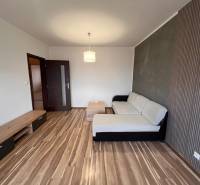 Nappali kanapéval és fa mintázatú padlóval egy kétszobás lakásban.