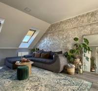 Nappali egy kétszobás lakásban, fa hatású padlóval, kihúzható kanapéval és növényekkel.