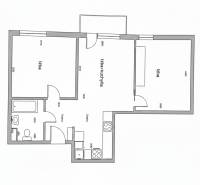 3 szobás lakás alaprajza konyhával, két szobával és fürdőszobával.