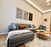 Nappali kanapéval, fa hatású padlóval és műalkotásokkal egy kétszobás lakásban.