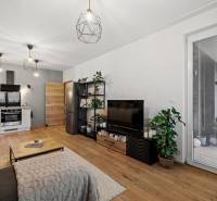 Nappali egy kétszobás lakásban, fa dekorációjú padlóval, kanapéval és konyhasarokkal.