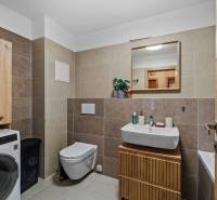 Fürdőszoba függesztett WC-vel, mosdóval és mosógéppel egy kétszobás lakásban.