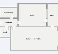 Két hálószobás lakás alaprajza fürdőszobával, konyhával, gardróbbal, hálószobával és loggiával.