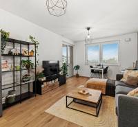 Nappali egy kétszobás lakásban fa mintázatú padlóval, kanapé, asztal, növények.