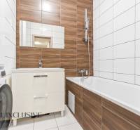 Kétszobás lakás fürdőszobája káddal, mosdóval és mosógéppel. Fa dekoráció használata.