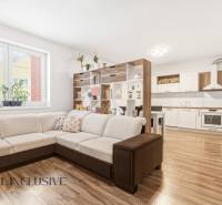 Nappali egy kétszobás lakásban nagy kanapéval és konyhával, fa dekorációjú padlóval.