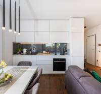 Modern konyha üdülő apartmanban, fa dekoros padlóval és étkezőasztallal.